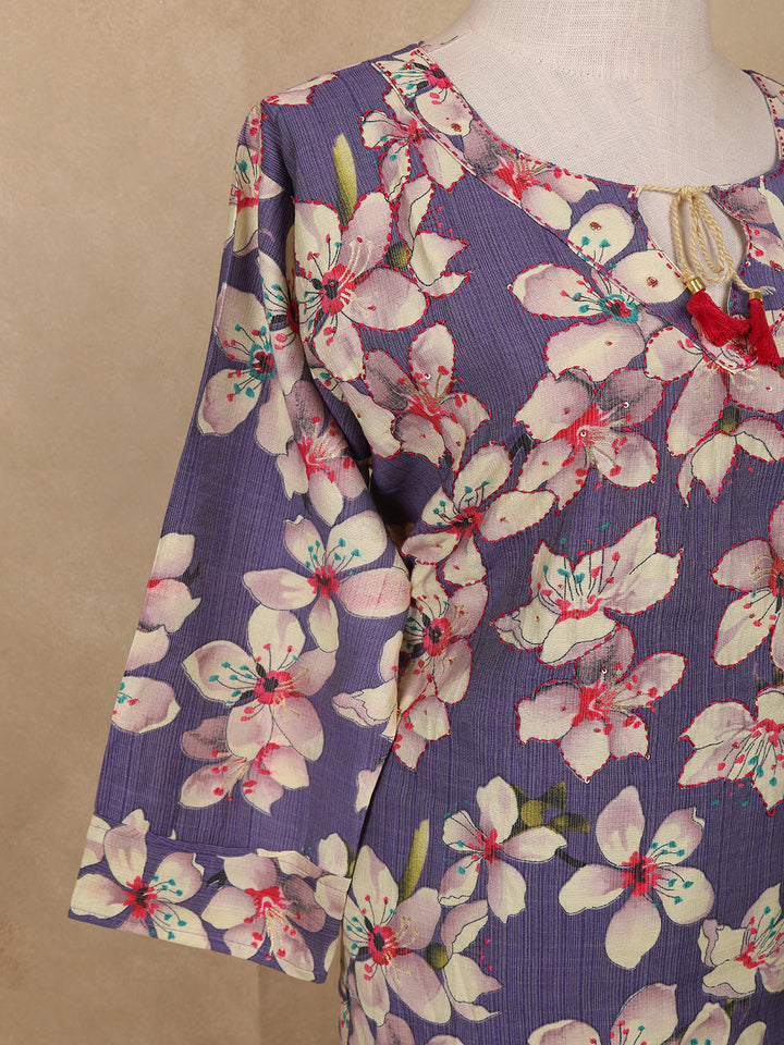 Purple Floral Design Print Cotton Salwar Suit - Diadem
