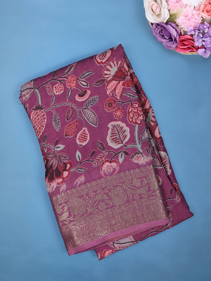 Purple Floral Design Printed Cotton Saree - Diadem