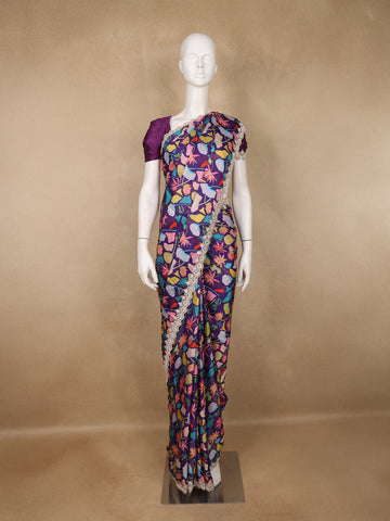 Purple Floral Design Satin Saree - Diadem