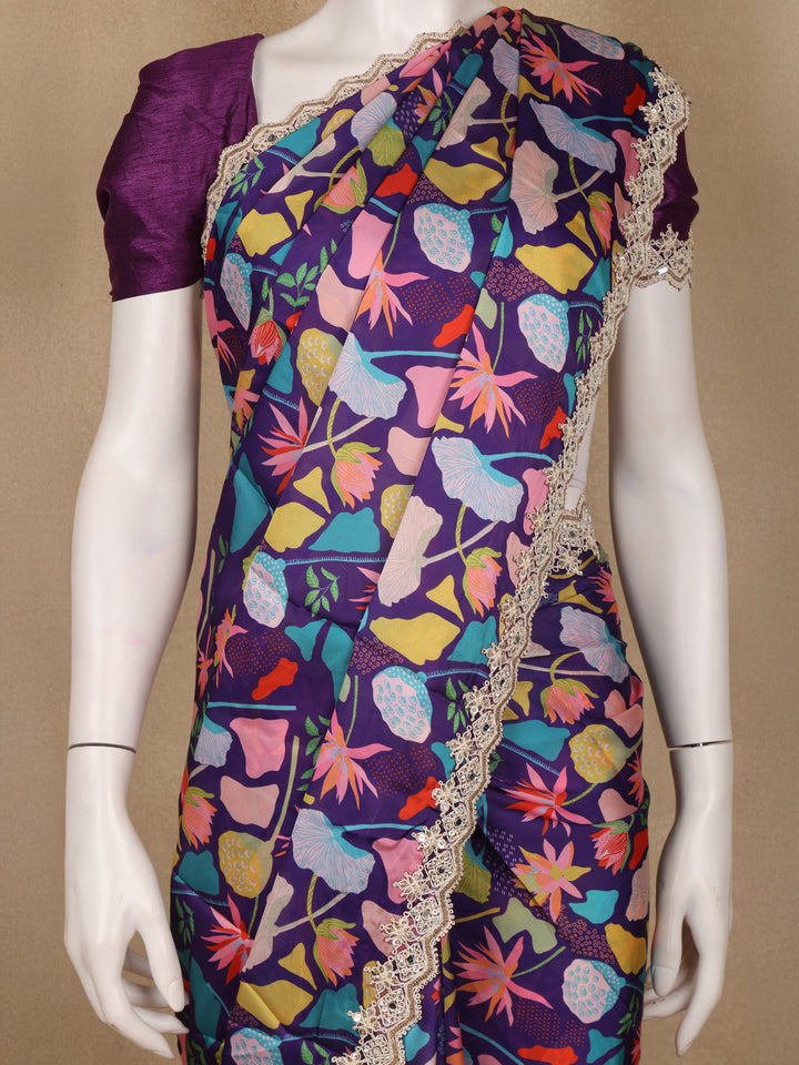 Purple Floral Design Satin Saree - Diadem