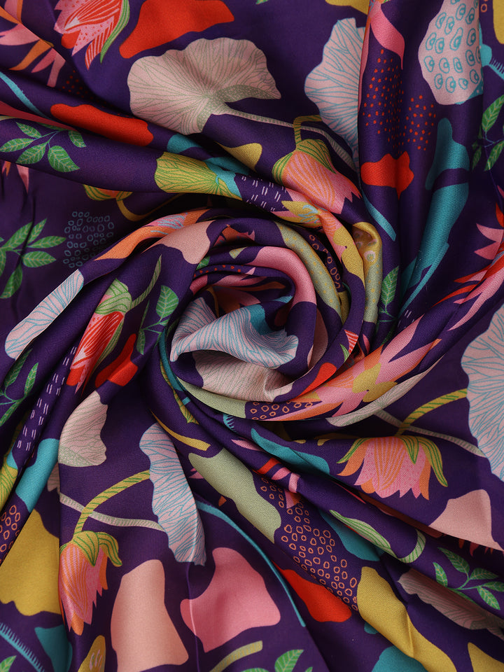 Purple Floral Design Satin Saree - Diadem