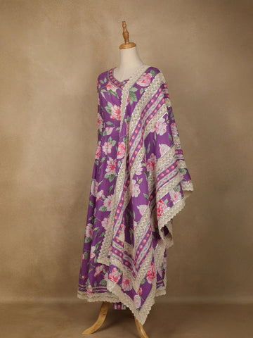 Purple Floral Designed Cotton Anarkali Salwar Suit - Diadem