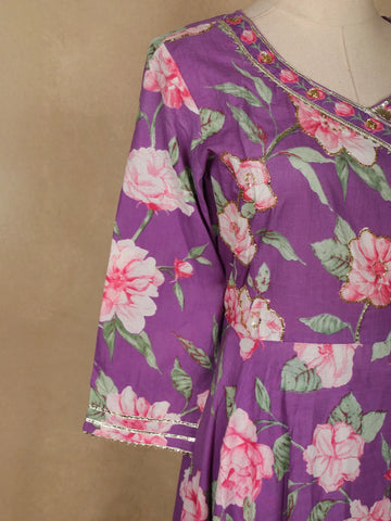 Purple Floral Designed Cotton Anarkali Salwar Suit - Diadem