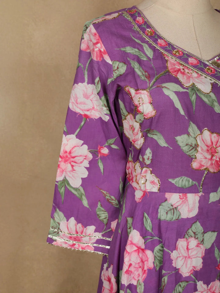 Purple Floral Designed Cotton Anarkali Salwar Suit - Diadem