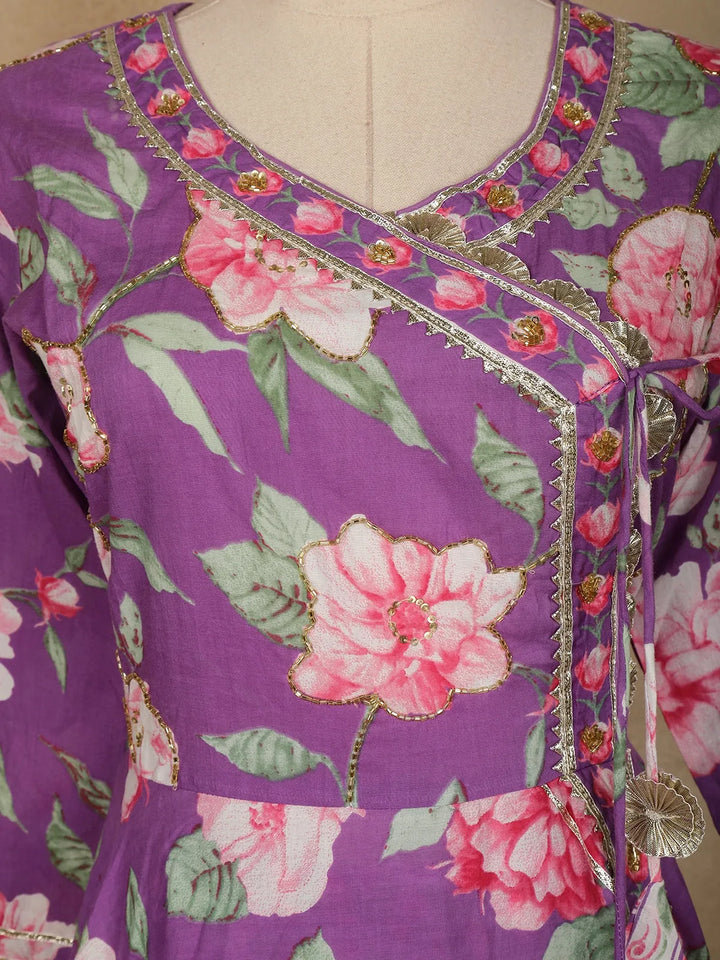 Purple Floral Designed Cotton Anarkali Salwar Suit - Diadem