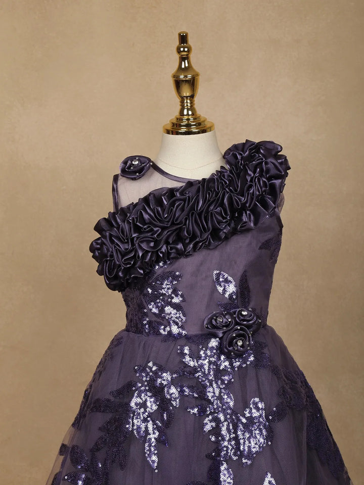 Purple Floral Designed Party Gown for Girls - Diadem