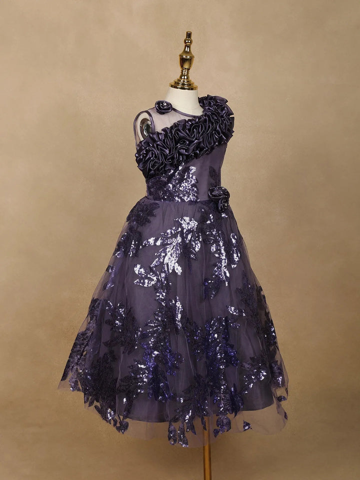 Purple Floral Designed Party Gown for Girls - Diadem