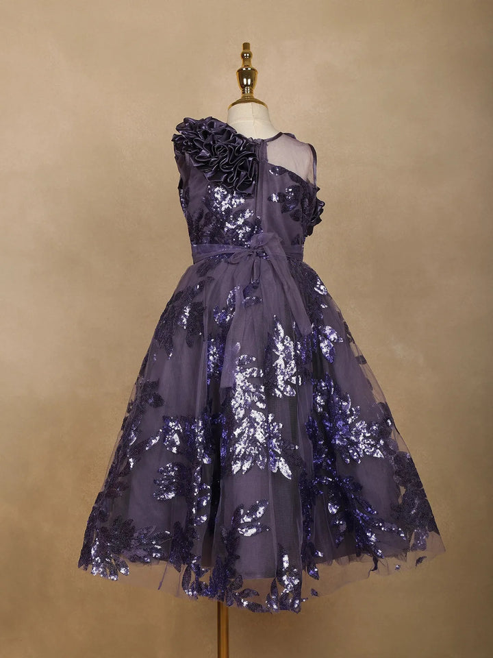 Purple Floral Designed Party Gown for Girls - Diadem