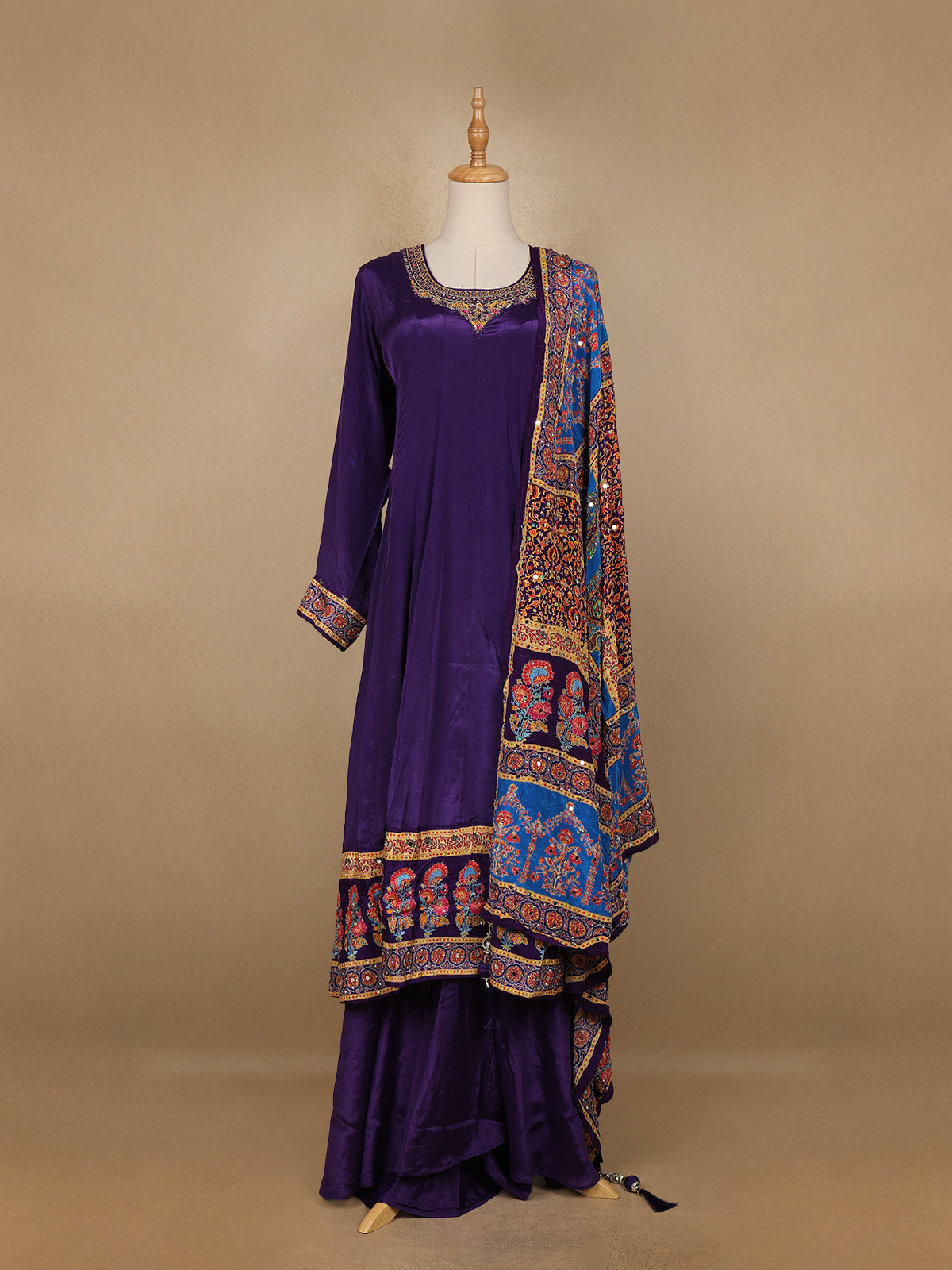 Purple Floral Designed Semi Silk Anarkali Salwar Suit - Diadem