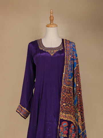Purple Floral Designed Semi Silk Anarkali Salwar Suit - Diadem