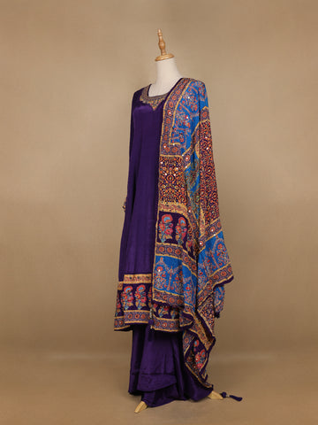 Purple Floral Designed Semi Silk Anarkali Salwar Suit - Diadem