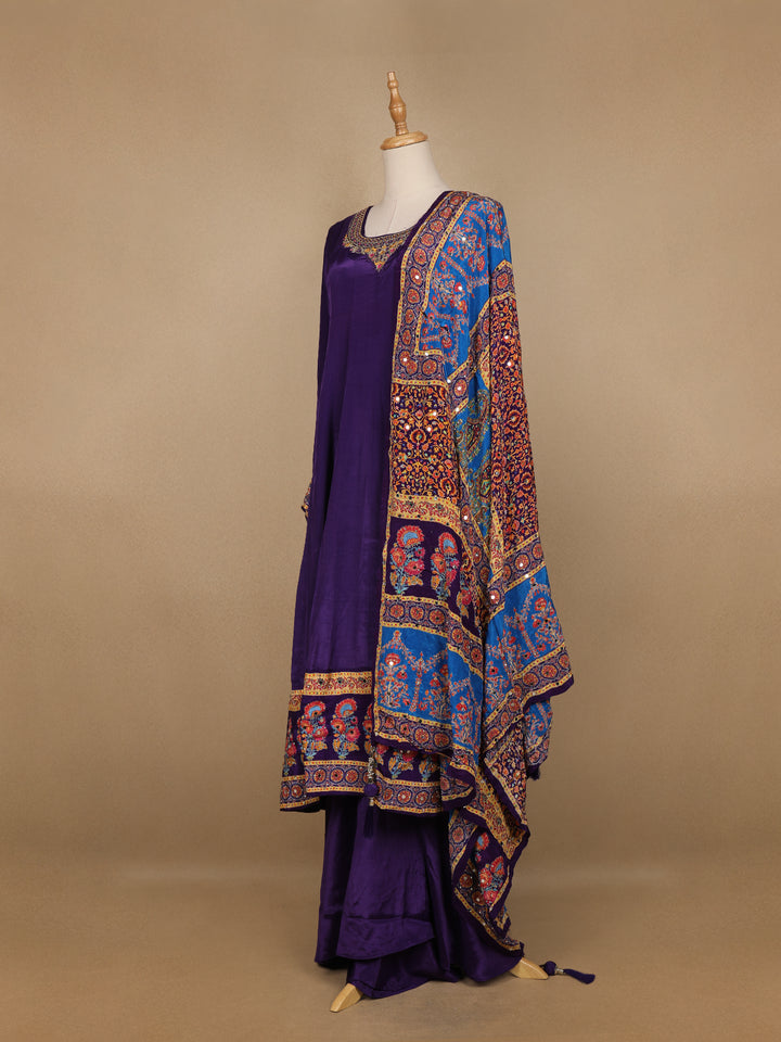 Purple Floral Designed Semi Silk Anarkali Salwar Suit - Diadem