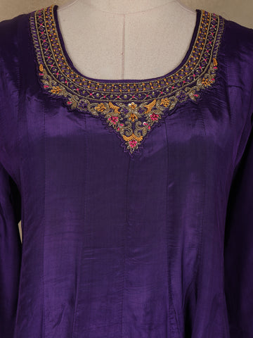 Purple Floral Designed Semi Silk Anarkali Salwar Suit - Diadem