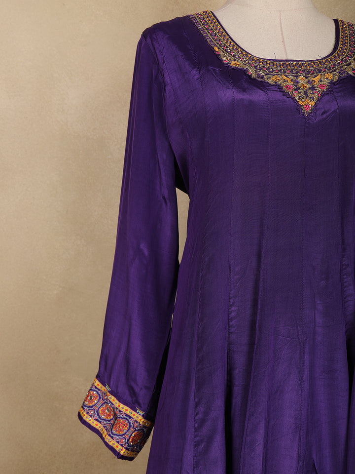 Purple Floral Designed Semi Silk Anarkali Salwar Suit - Diadem