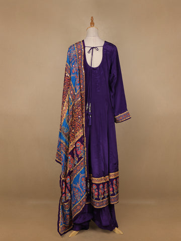 Purple Floral Designed Semi Silk Anarkali Salwar Suit - Diadem