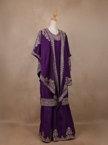 Purple Floral Designed Semi Silk Palazzo Salwar Suit - Diadem
