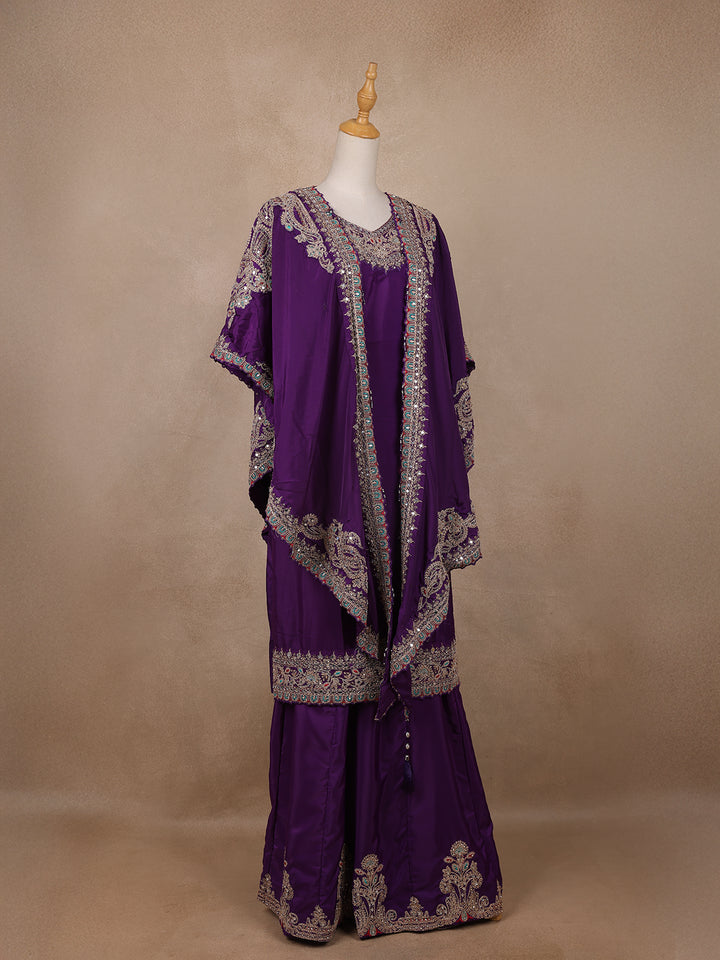 Purple Floral Designed Semi Silk Palazzo Salwar Suit - Diadem
