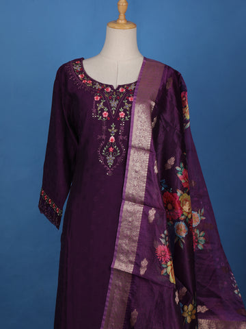 Purple Floral Designed Semi Silk Salwar Suit - Diadem
