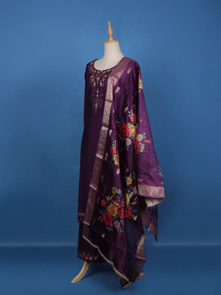 Purple Floral Designed Semi Silk Salwar Suit - Diadem