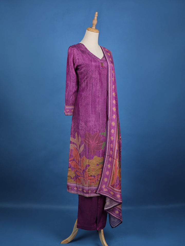 Purple Floral Designed Semi Silk Salwar Suit - Diadem