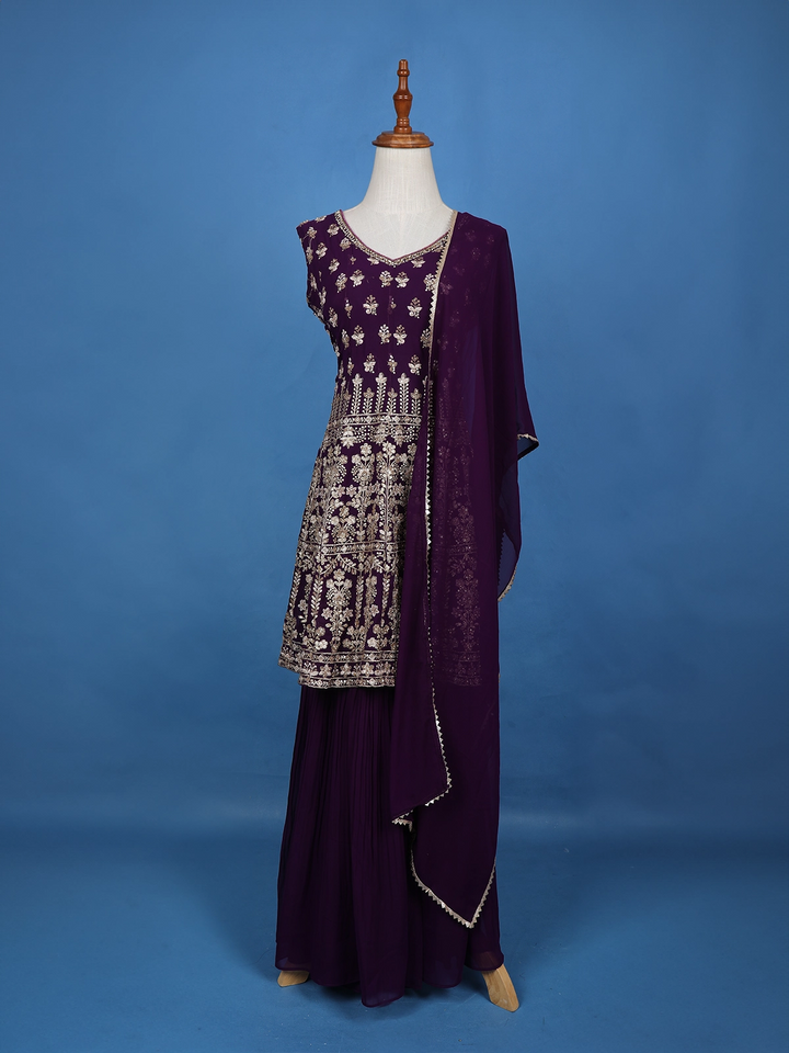 Purple Floral Embroidered Georgette Sharara Salwar Suit - Diadem