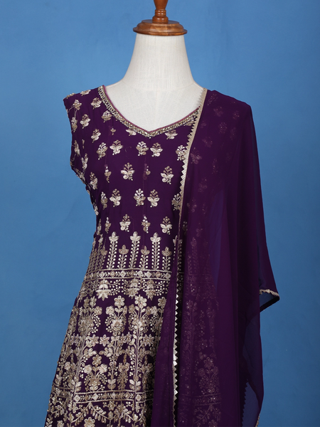 Purple Floral Embroidered Georgette Sharara Salwar Suit - Diadem