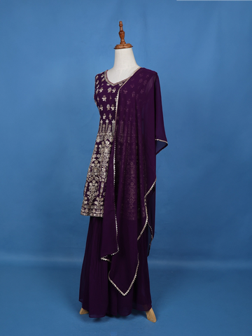 Purple Floral Embroidered Georgette Sharara Salwar Suit - Diadem
