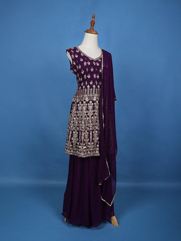 Purple Floral Embroidered Georgette Sharara Salwar Suit - Diadem
