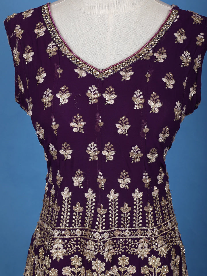 Purple Floral Embroidered Georgette Sharara Salwar Suit - Diadem