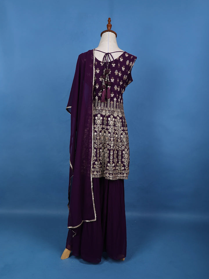 Purple Floral Embroidered Georgette Sharara Salwar Suit - Diadem