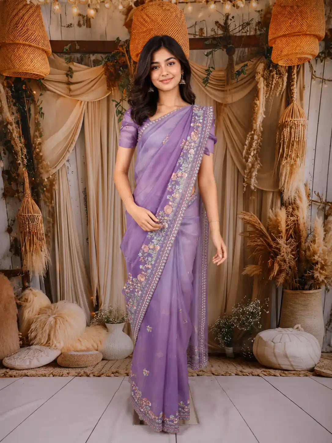 Purple Floral Embroidered Organza Saree with Scallop Border