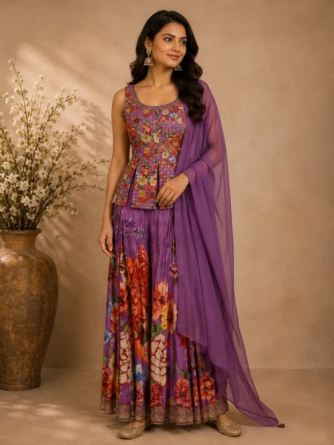 Purple Floral Embroidered Peplum Top With Printed Synthetic Palazzo Suit