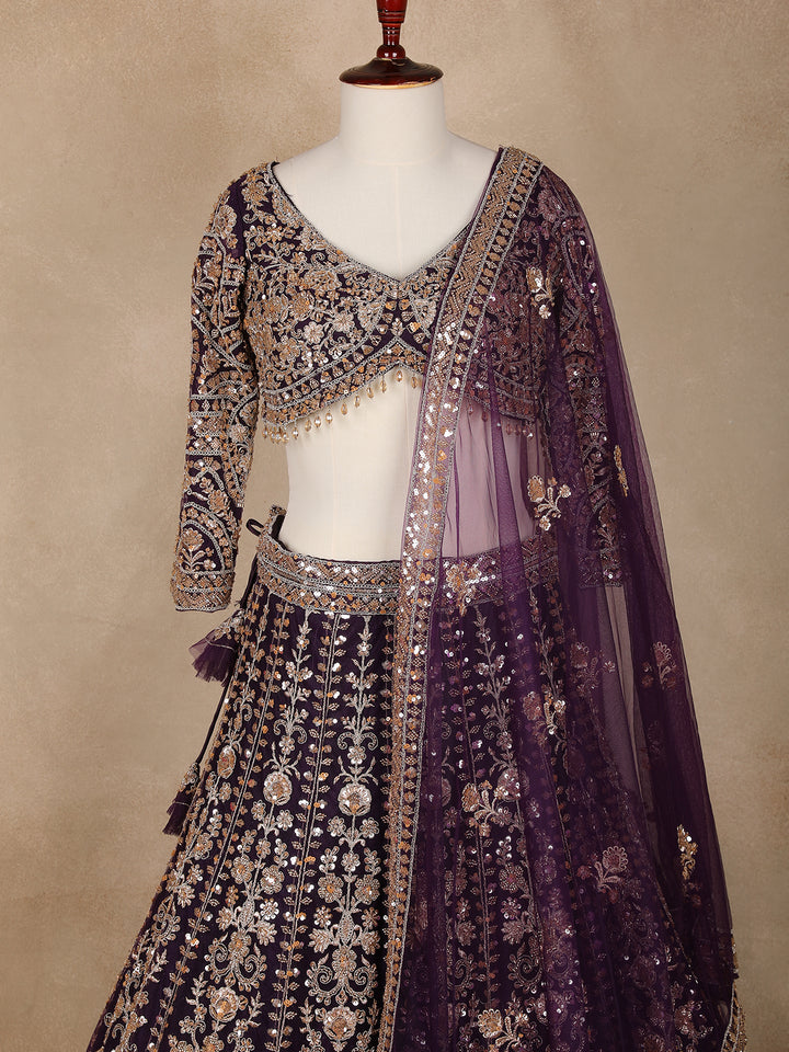 Purple Floral Embroidery Bridal Net Lehenga - Diadem