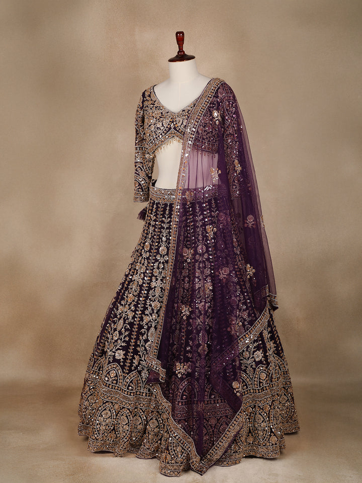 Purple Floral Embroidery Bridal Net Lehenga - Diadem