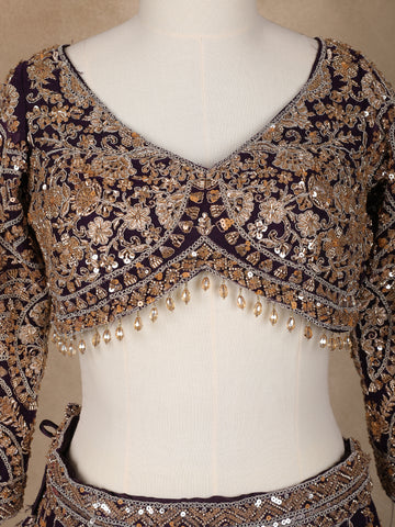 Purple Floral Embroidery Bridal Net Lehenga - Diadem