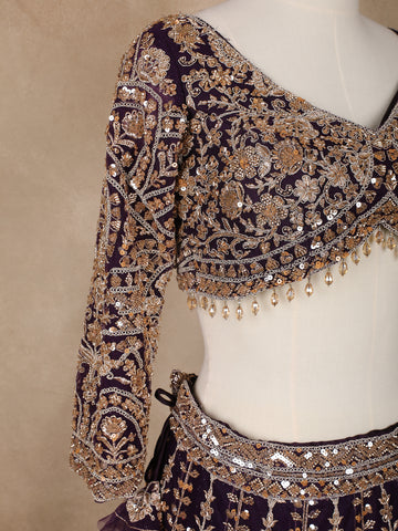 Purple Floral Embroidery Bridal Net Lehenga - Diadem