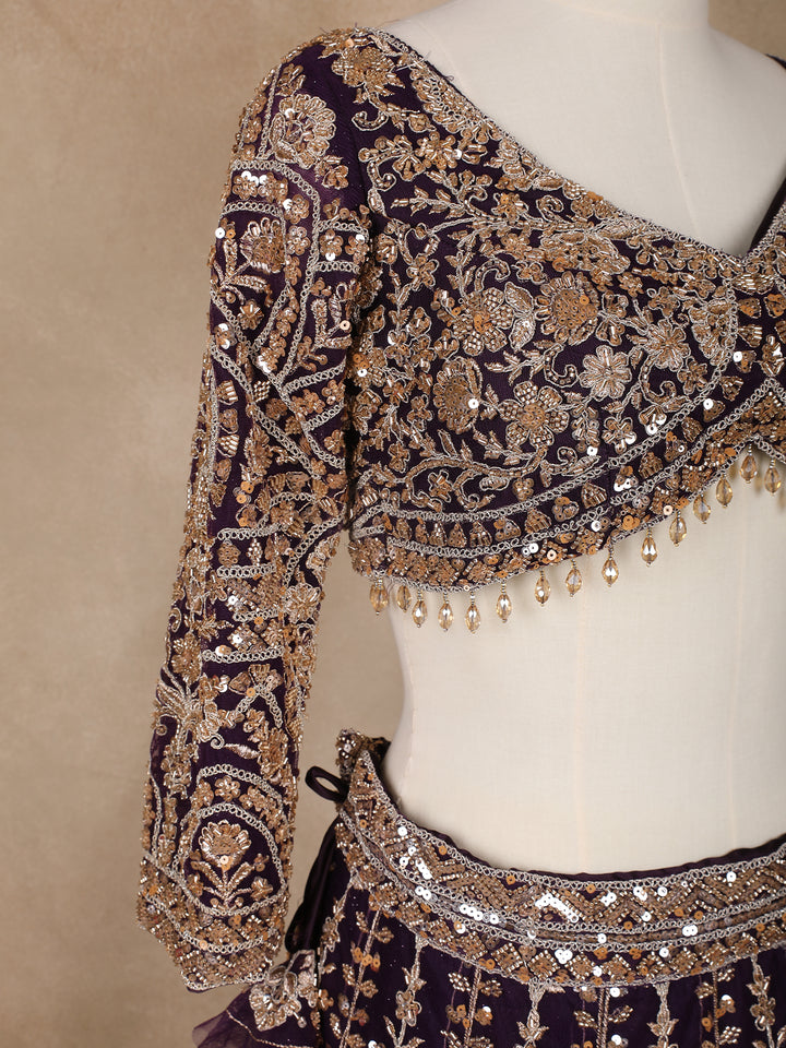 Purple Floral Embroidery Bridal Net Lehenga - Diadem