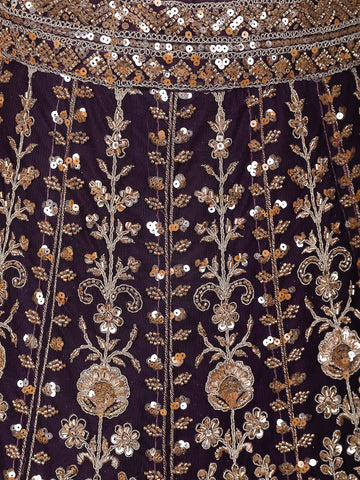 Purple Floral Embroidery Bridal Net Lehenga - Diadem