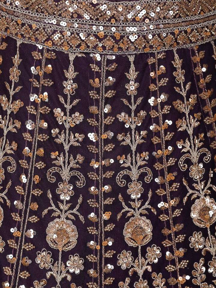 Purple Floral Embroidery Bridal Net Lehenga - Diadem