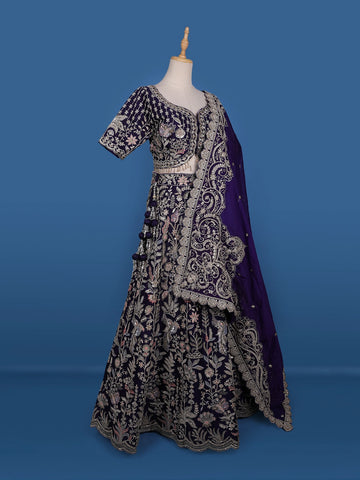 Purple Floral Embroidery Bridal Raw Silk Lehenga - Diadem