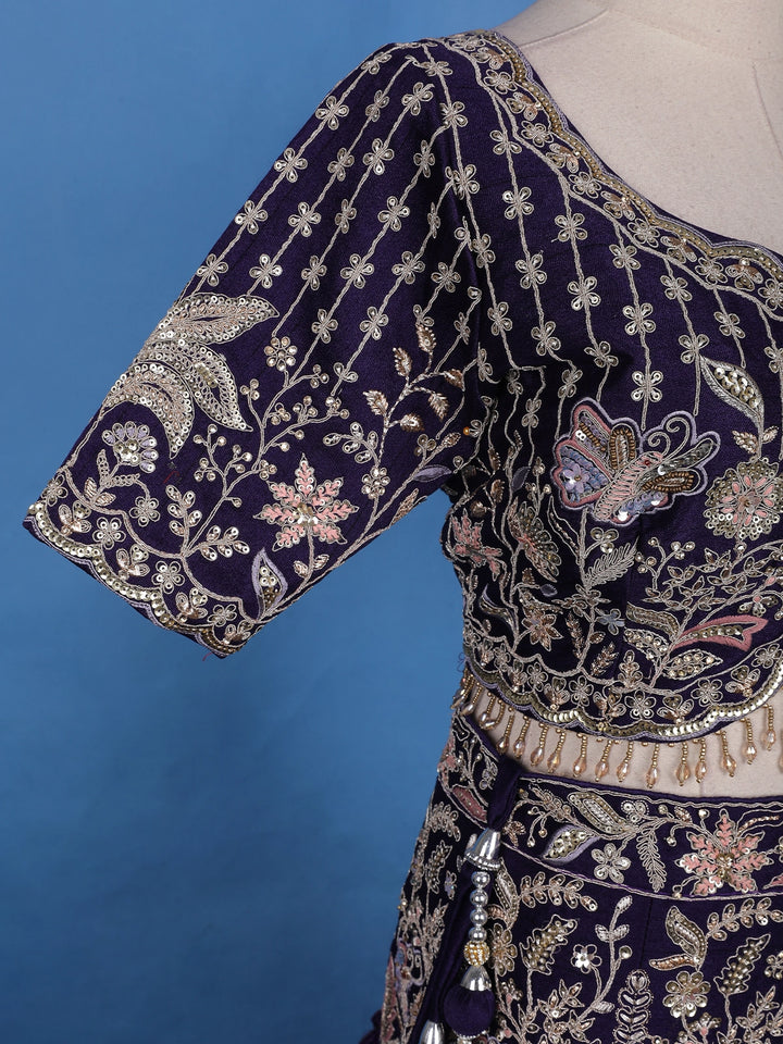 Purple Floral Embroidery Bridal Raw Silk Lehenga - Diadem