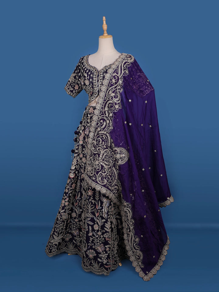 Purple Floral Embroidery Bridal Raw Silk Lehenga - Diadem