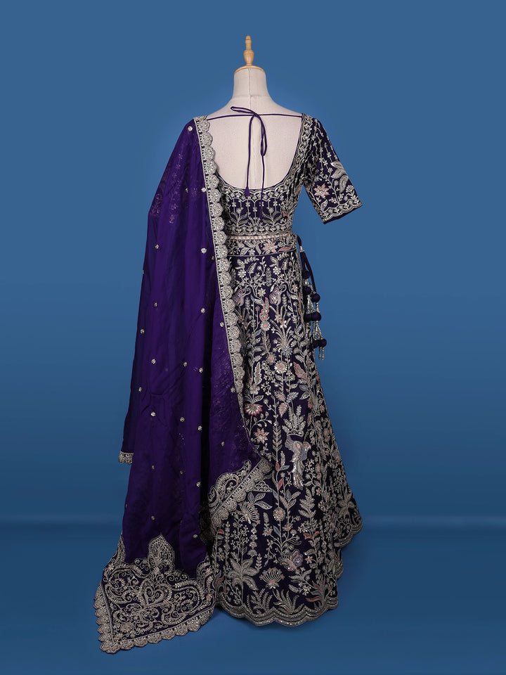 Purple Floral Embroidery Bridal Raw Silk Lehenga - Diadem