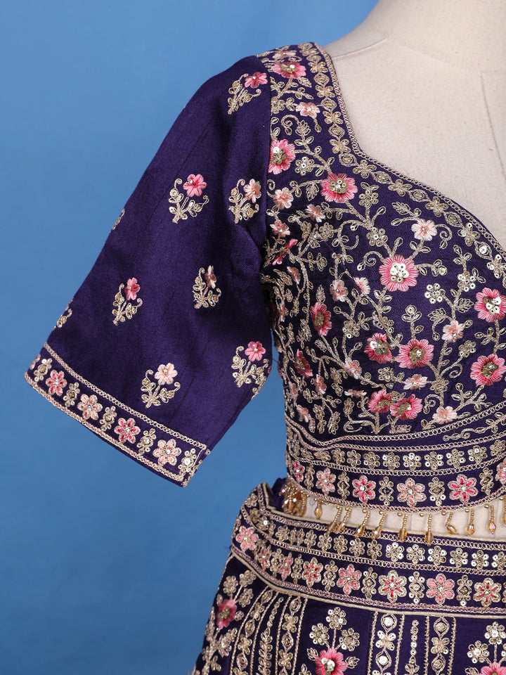 Purple Floral Embroidery Bridal Raw Silk Lehenga - Diadem