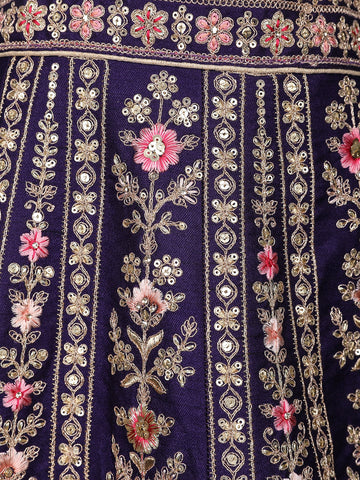 Purple Floral Embroidery Bridal Raw Silk Lehenga - Diadem