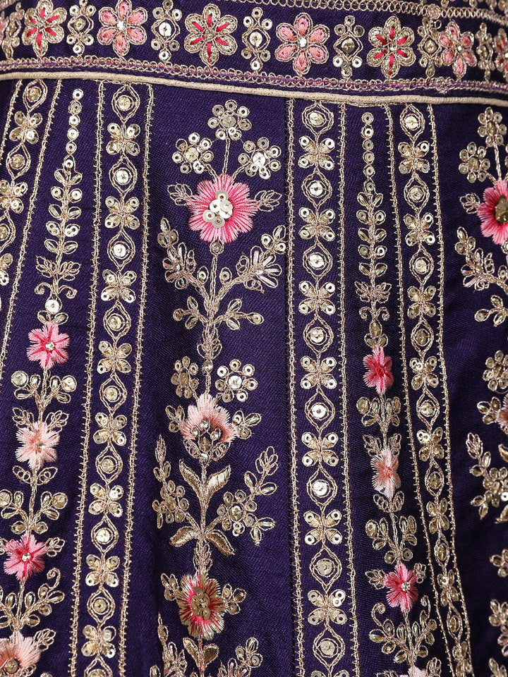 Purple Floral Embroidery Bridal Raw Silk Lehenga - Diadem
