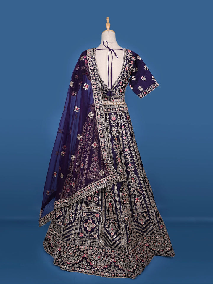 Purple Floral Embroidery Bridal Raw Silk Lehenga - Diadem