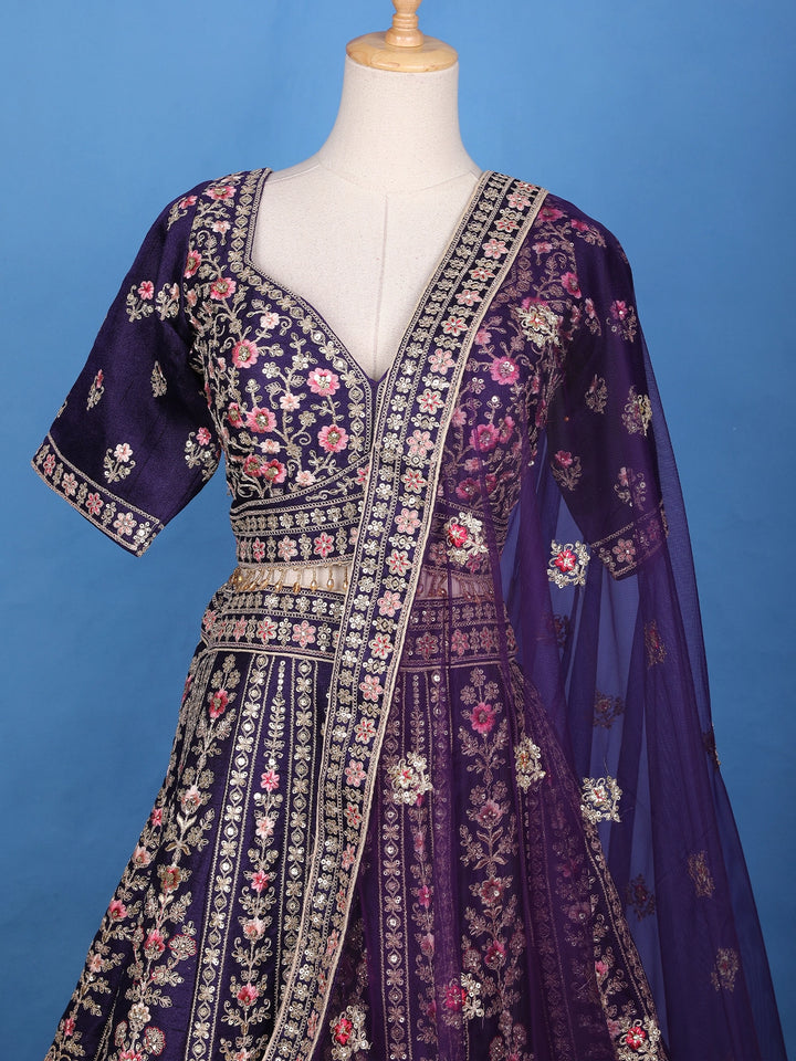 Purple Floral Embroidery Bridal Raw Silk Lehenga - Diadem
