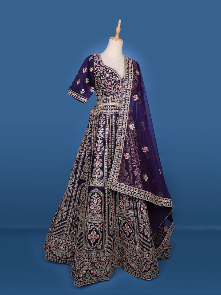 Purple Floral Embroidery Bridal Raw Silk Lehenga - Diadem