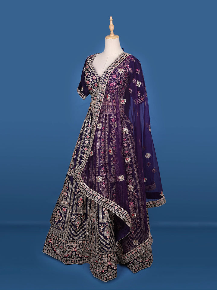 Purple Floral Embroidery Bridal Raw Silk Lehenga - Diadem